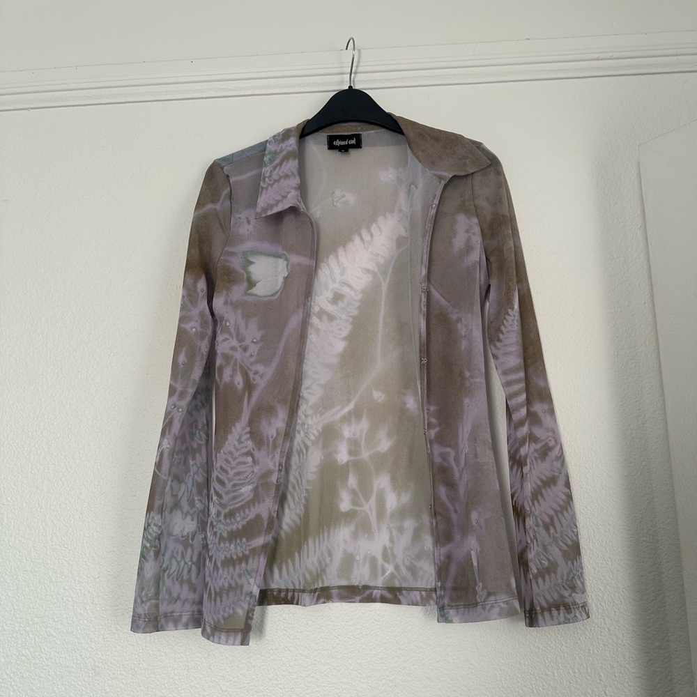 Expired Girl Aria Blouse BROWN Purple Green Button Down Collar Mesh Shirt - Picture 2 of 4